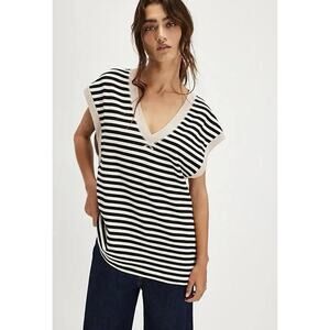 Free People XS Classic Stripe V-Neck Vest Oversized Black Tan Boho Preppy T13